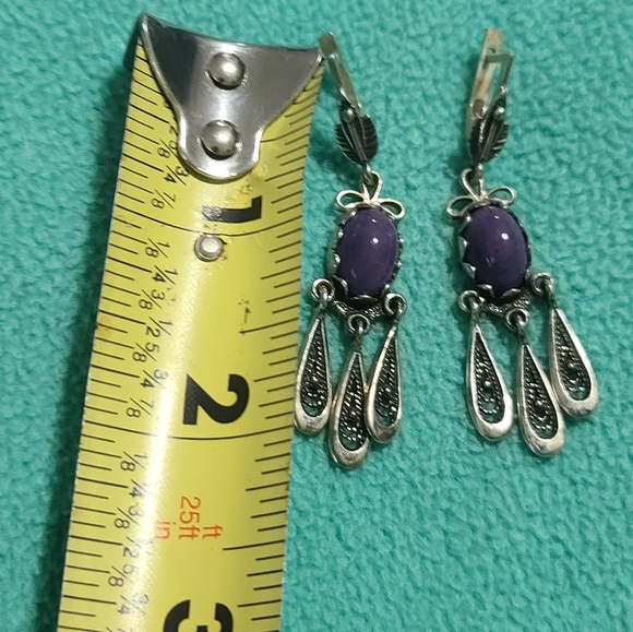 Vintage Purple Art Deco Style and Silver Ornate Earrings, Heavy, Drop - Picture 2 of 7